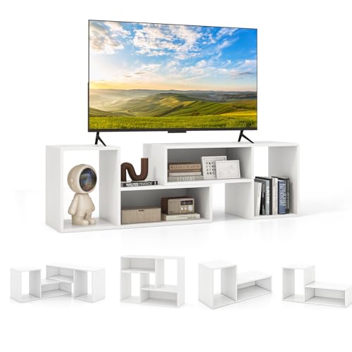 KOMFOTTEU Mueble TV Combinable de 2 Piezas, Soporte para TV de hasta 60 Pulgadas, Centro de Entretenimiento con Estantes Cerrados y Abiertos, Armario de Televisor Multifuncional para Salón (Blanco)