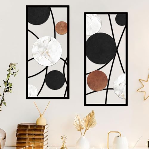 ruelen 2 Pcs Metal Wall Art,Abstract Circle Decor with Marble Texture Decor