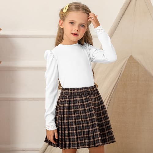 Girls Blouses Long Sleeve T Shirts for Girls Tops Tees Puff Round Neck Rib Kids Tshirt White Beige Caramel2