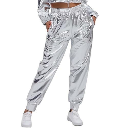 Pantalones metálicos para mujer dorados – Pantalones brillantes para mujer, pantalones deportivos brillantes, pantalones largos plateados, pantalones de baile, pantalones de cuero, carnaval, disfraz,