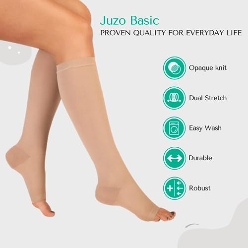 Image of Juzo Basic 20-30 mmHg Compression Stockings, Knee High, Open Toe | Compression Socks for Women / Men for Moderate Varicosities & Edema, Post-Sclerotherapy, Post-Op