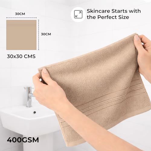 Image of Cotton Face Towel Pack of 4, 100% Cotton Towels, Soft Absorbent Small Gym Towel for Face, 400 GSM Quick Dry Bathroom & Travel Towels Men & Women, 30 x 30 cm, Beige & Navy