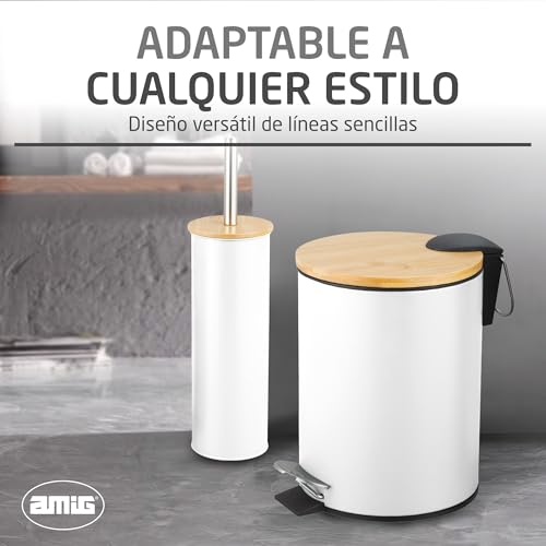 Miniatura 6 de Amig - Pack De Papelera Y Escobillero Naturline - Ø168 X 230 Mm - Acero Y Bambú - Color Blanco - Juego De Baño Compacto Y Coordinado - Ideal Para Espacios Modernos Y Naturales