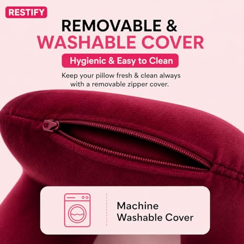 Image of Restify Premium Memory Foam Travel Neck Pillow | Soft Velvet U Shape Neck Support Cushion for Flight, Airplane, Car & Office Travel | Portable Pillow for Men & Women | Maroon