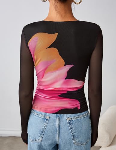 ZESICA Womens Floral Mesh Going Out Tops Fall Long Sleeve Crewneck Slim Fit Ruched Y2k Shirts Beach Vacation Outfits4