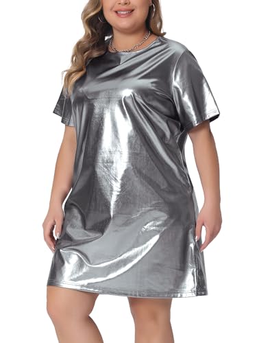 Image of Agnes Orinda Plus Size Dress for Women Metallic Round Neck Short Sleeve Party Clubwear Loose Mini T-Shirt Dress