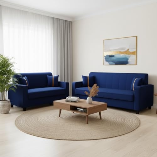 Image of FURNY Cosmos 5 Seater Fabric 3+2 Sofa Set (Dark Blue) Premium Velvet Finish | Durable Comfort | Ideal for Living Room