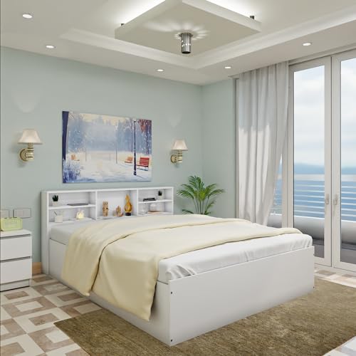Image of VIKI Utility Queen Size Bed with Storage (78x60) | Engineered Wood Wooden Bed Frame for Bedroom | Modern Box Storage Cot | Frosty White Finish | Free Assembly | 1 Year Warranty