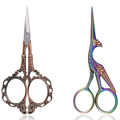 BIHRTC 2Pairs 4.5 Inch Vintage European Style Plum Blossom Scissors and Stork Embroidery Scissors Shape Sharp Tip Stainless Steel Sewing for Sewing Needpoint Cross Stitch Scissors