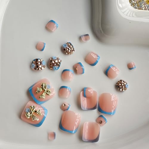 Image of Blue French Tip Press on Toenails Metal Bow Fake Toenails with Rhinestone Design Glossy Glue on Toe Nails Flower False Nails Artificial Acrylic Full Cover Stick on Toenails for Women Manicure 24Pcs