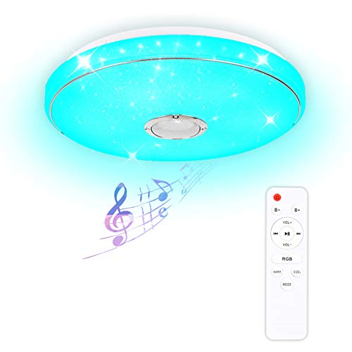 Best Deal Product LED Starlight Music Ceiling Light with Bluetooth Speaker,Modern Ceiling Light Fixture Color Changing 3000-6000k,Remote APP Control,Dimmable RGB Ceiling lamp for Children's Room 3500lm 36W (White)