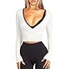 Navneet Women Wrap Top Ballet Long Sleeve Workout Crop Tops V Neck Yoga Going Out Pilates Y2K Fall Outfit White S