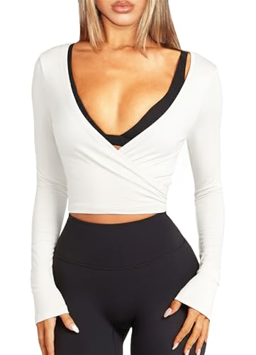 Navneet Damen Wickelshirt Sport Yoga Oberteil Langarm Eng Y2K Pilates...