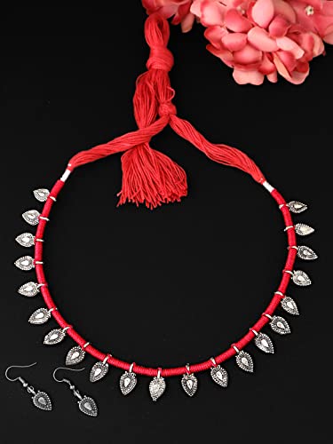 Image of Yellow Chimes Women and Girls Traditional Silver Oxidised Choker Jewellery Set - Black