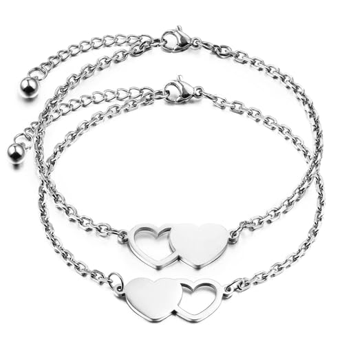 Image of 2 & 3 Pcs Triple Heart Link Sister BFF Bangle Bracelet Set | Matching Bestie Friendship Jewelry, Mother's Day Graduation Gifts for Women Teengirls