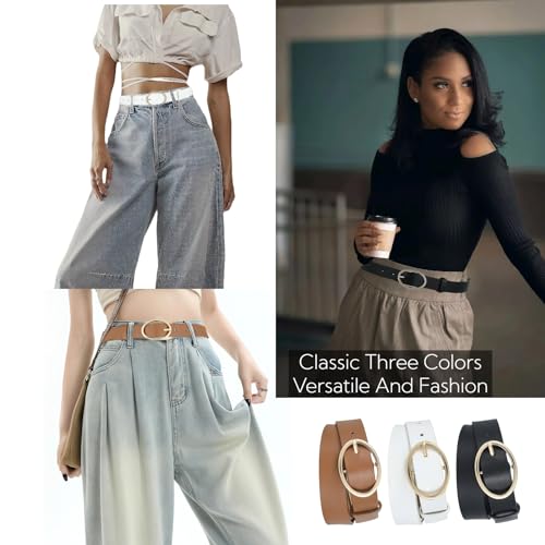 B-LT2 3 Pack Women's Leather Waist Belt with Gold Buckle for Jeans Dress Fashion Ladies Belt Black White Brown2