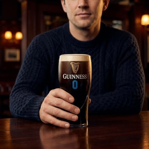 Image of Guinness Official 0 Gravity Pint Glass 20oz Authentic Non-Alcoholic Beer Glass with Gold Harp and Blue Zero Logo Genuine Irish Drinkware, Single Pack