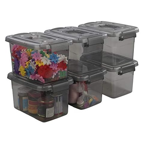 CadineUS Plastic Latch Boxes Set of 6, Storage Bin with Handle (Grey) Cover