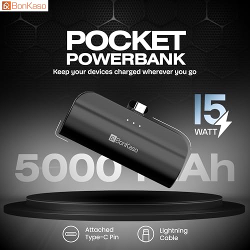 Image of BonKaso 5000mAh Mini Power Bank 15W PD Fast Charging, Built-in Type-C & i5 Cable, USB-C Input /Output, LED Indicator, Portable Charger with Mobile Stand for iPhone, Android - Black