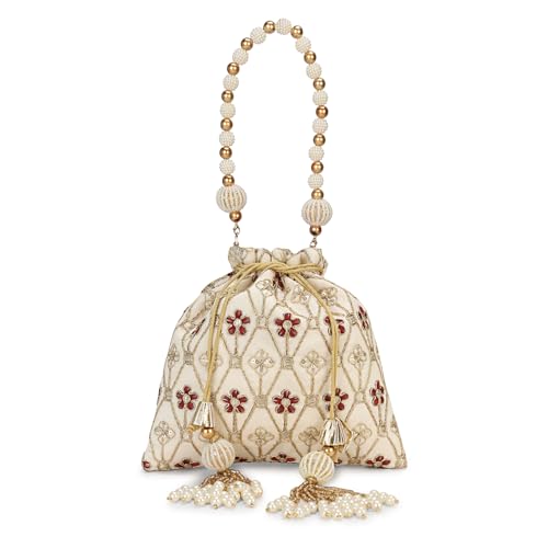 Image of LONGING TO BUY Indian Embroidered Pearl Potli Bag For Women, Sequence Design with Tassel, Wedding Potli Bags