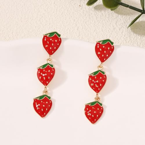 Image of Cute Strawberry Stud Earrings Fruits Small Stud Earrings Red Enamel Lifelike Strawberry Earrings Summer Birthday Jewelry Gifts for Girls