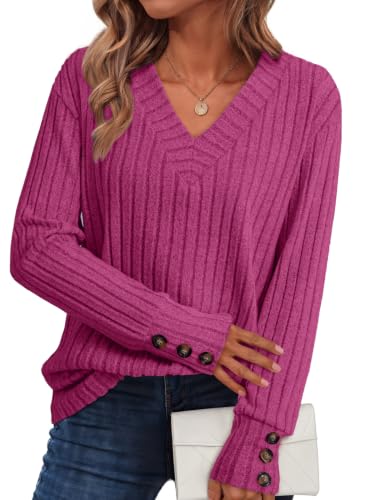 Image of Dokotoo Womens Tops V Neck Lightweight Sweater Fall Long Sleeve Top 2026 | Decorative Buttons, Soft Breathable Knit Material, Pullover Tunic Tops, Business Casual, Fall Outfits, Winter Clothing 2026