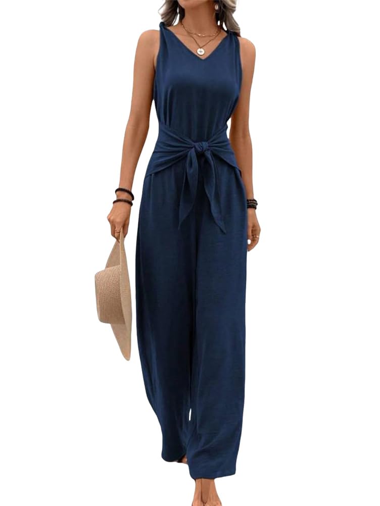 shownicer Combinaison Femme Ete Sans Manches Col en V Jumpsuit Élégant Couleur Unie Combishort