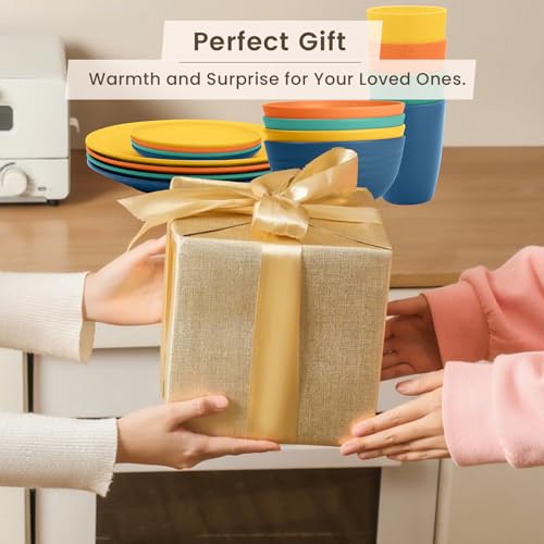 Image of Homienly Dish Set Wheat Straw Dinnerware Sets Unbreakable Reusable Dinnerware Set 16 PCS Cups Plates and Bowls Sets, Microwave and Dishwasher Safe Dishes for Camping, Outdoor - Colorful