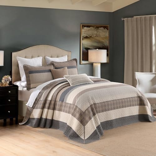 Image of EWlinens Oversized King Bedspread Set 120 inchx120 inch - 100% Cotton Extra Large Quilts King Size, Farmhouse Patchwork Striped Plaid Bedspreads with 2 Pillow Shams, All Season, Dark Brown /Beige /Gray