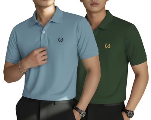 Image of MACK JONNEY Men's Solid Polo T-Shirt | Premium Cotton Blend | Regular Fit | Short Sleeve | Collared Casual Wear|Pack of 2 -MJ-157