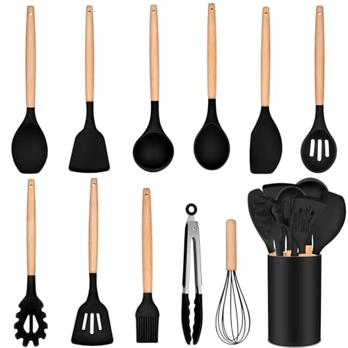 Image of 12 Pcs Silicone Cooking Utensils Set with Holder - Heat Resistant Spatula Turner Set, Wooden Spoons, Kitchen Gadgets Tools for Nonstick Cookware (12, Black)