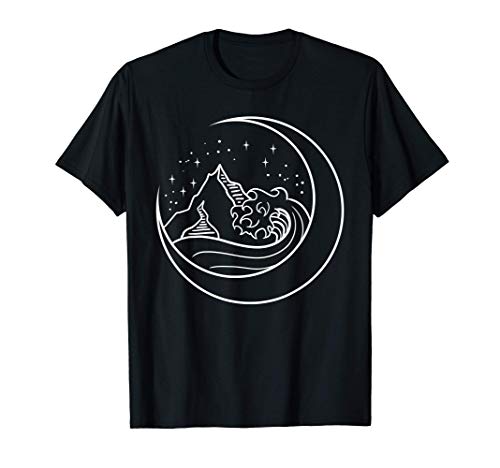 Minimal Mountains Waves On Moon Lunar Nature Line Art Gift T-Shirt