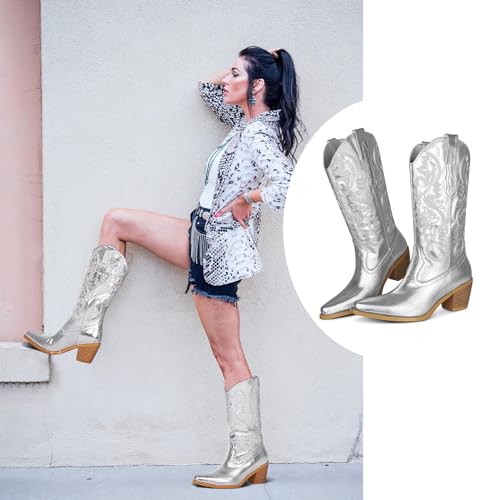 femflame Cowboy Boots For Women,Pointed Toe Embroidered Mid Calf Cowgirl Boots Pull On Zipper Chunky Heel Western Boots2