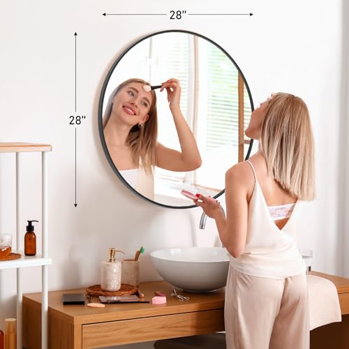 Image of Sweetcrispy 28in Black Round Bathroom Mirrors for Wall, Bathroom Mirrors for Over Sink, Wall Decor for Bathroom, Entryway, Bedroom, Vanity