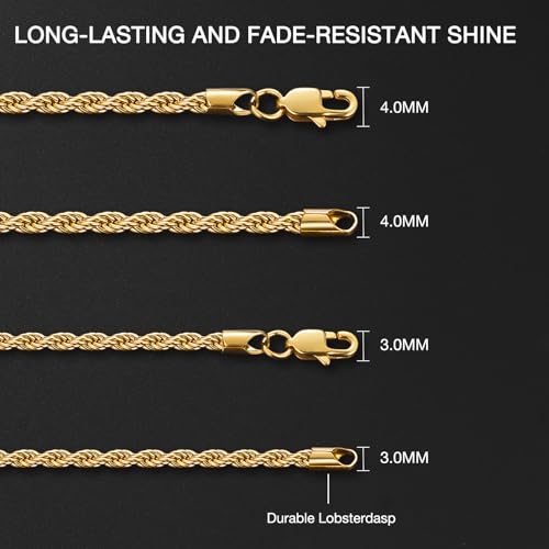 Italian Quality 14k Gold Plated Rope Chain for Men, 3mm 4mm Stainless Steel Necklace for Men, Sturdy & Non Tarnish Rope Chain Necklaces Mens Jewelry Gift 16 18 20 22 24 26 Inch4