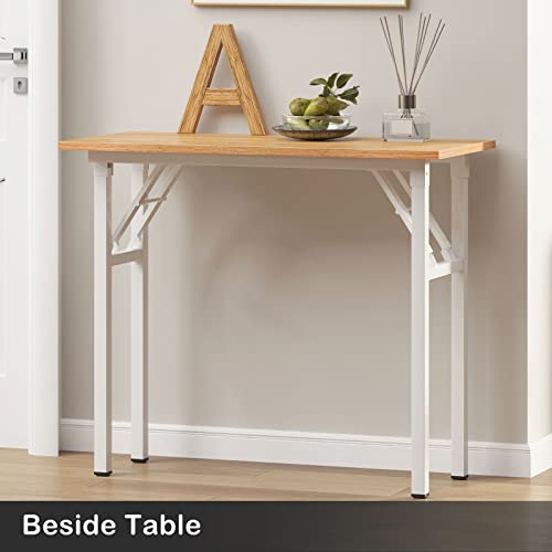 Image of Need Small Computer Desk 31.5 in Folding Home Office Table Teak | White Frame Writing Gaming Work Table /Sturdy Foldable Study Table for Small Space /Dormitory, No Assembly Required