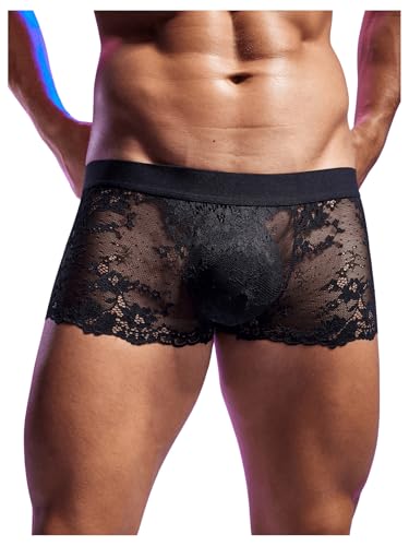 SweatyRocks Men's Sheer Mesh Floral Lace Boxer Briefs Mid Rise Breathable Underwear