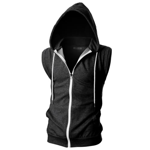 Image of Ohoo Mens Slim Fit Sleeveless Lightweight Zip Up Hooded Sweatshirt Vest Hoodie
