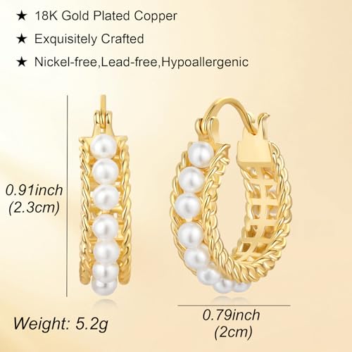 Pearl Hoop Earrings for Women, 18K Gold Plated Small Gold Hoop Earrings, Trendy Hypoallergenic Pearl Huggie Hoops Stud 7