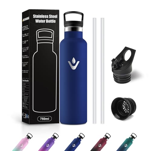 JAPORIA Botella Agua Acero Inoxidable 750ml, Cantimplora Termo con Pajita y Filtro, sin BPA, Reutilizable, a Prueba de Fugas, para Adultos, Oficina, Escuela