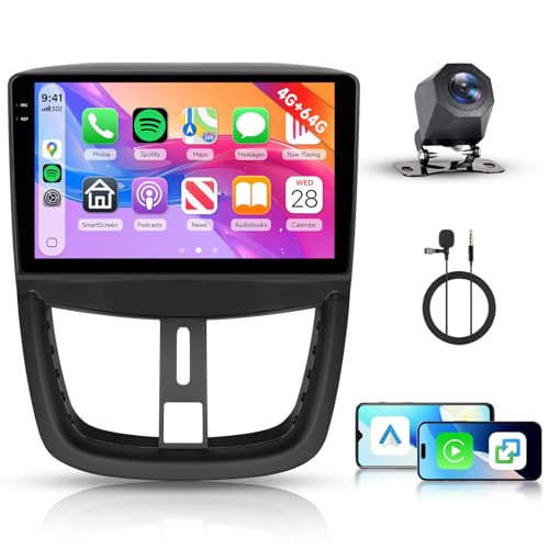 Hodozzy 4GB+64G Radio para Peugeot 207 2006-2010 Android 9 Pulgadas InCell Pantalla Táctil Estéreo para Auto GPS Carplay Inalámbrico Android Auto, Radio Coche 2 DIN Bluetooth DSP WiFi FM RDS Cámara