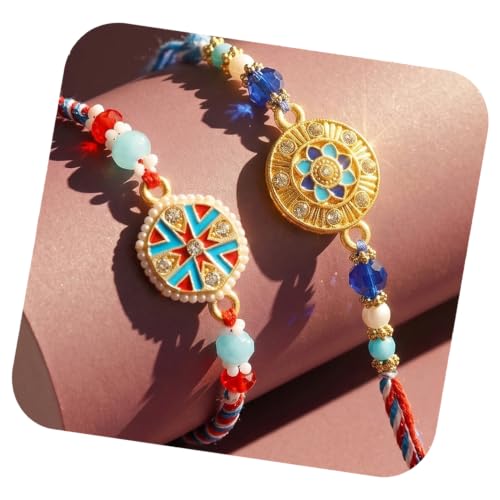Image of Peora Rakhshabandhan Thread Rakhi for Brother Bhaiya | Kundan Beads & Crystal Studded | Combo Set of 2 | Rakhi Hamper Roli Chawal & Greeting Card