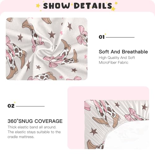Image of Bows Cowgirl Boots Western Crib Sheets Soft Breathable Fitted Baby Crib Sheets Mattress Cover for Girl Boys, 52 inch x 28 inch x 9 inch
