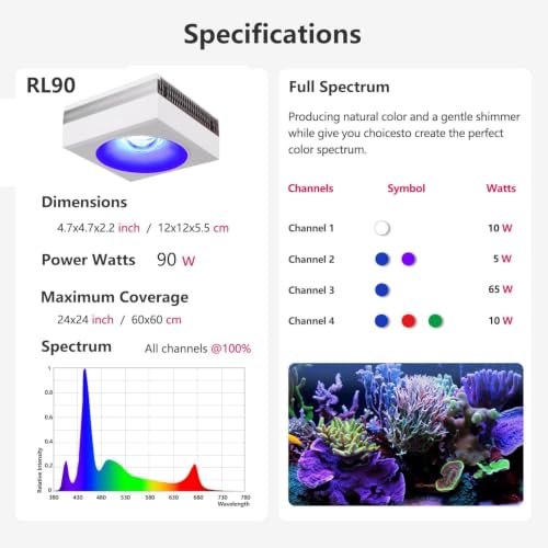 Image of PopBloom RL90 WiFi Reef LED Light, 100W Reef Aquarium Lighting for SPS LPS Corals and Saltwater Fish Tanks, Enhanced Violet and Blue Spectrum,APP Fully Programmable (1 Light with Hang kit)