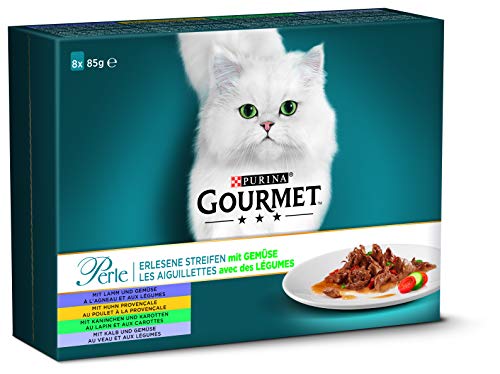 PURINA GOURMET Perle Erlesene Streifen mit Gemüse Katzenfutter nass, Sorten- Mix, 10er Pack (10 x 8 Beutel à 85g)