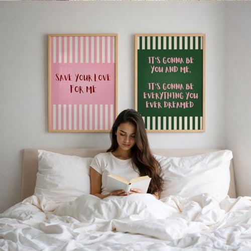 Image of Suneree Aesthetic Quote Wall Art Set of 2 Framed Paintings | Pink Green Striped Typography Poster | Couple Bedroom Living Room Home Decor (Art 5, 13x19 Inches)