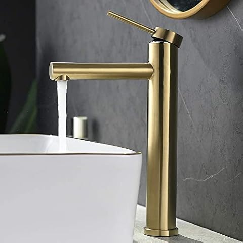 Friho Brushed Gold Tall Bathroom Vessel Sink Faucet, Contemporary Single Handle Lavatory Vessel Basin Mixer Tap Gold Bathroom Vanity Vessel Sink Faucets Cover
