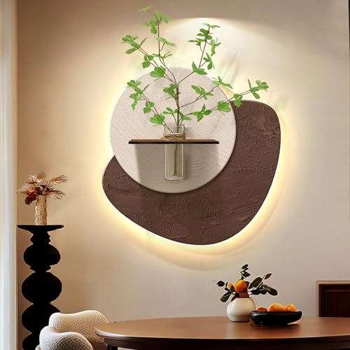 HARELA Arte de Pared 3D con Luces, Escultura De Arte Mural Con Planta Artificial, Pintura Decorativa Artesanal, diseño sin Marco para Oficina en casa(Brown A,40x40cm/15.7x15.7in)