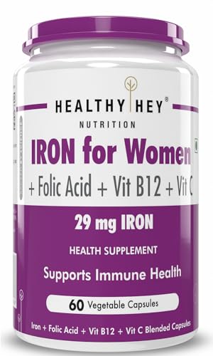 HealthyHey Nutrition Iron Supplement for Women -100% Chelated - With Vitamin B12, Folic Acid & Vitamin C for High Absorption (60 Veg Capsules)