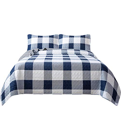 Soul & Lane Checks And Stripes Oversized King Comforter - Quilt And 2 Shams: Blue Buffalo Check Lightweight Coverlet, Farmhouse Quilted Bedspread, Rustic Country King Size Bedding, Plaid Blanket #TOP1
